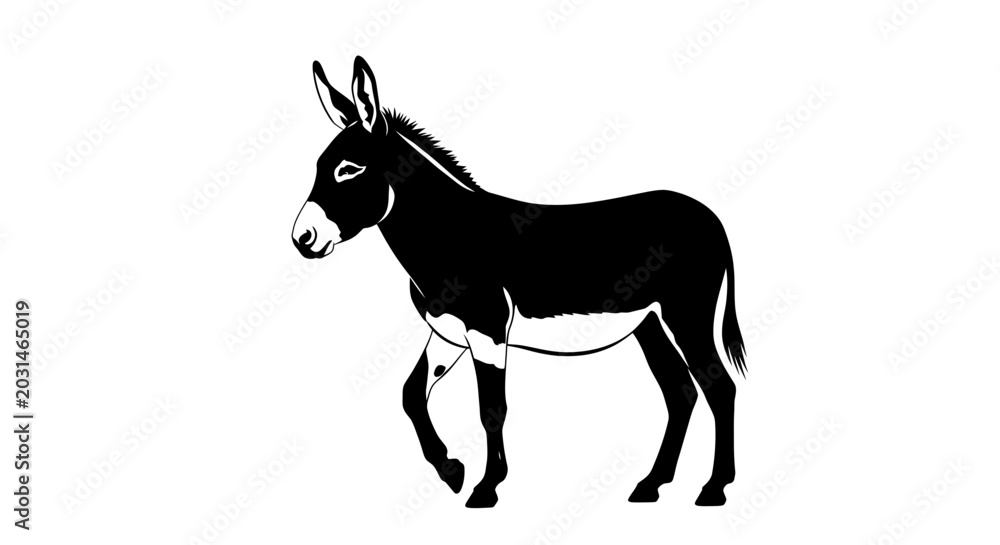 Fototapeta premium Black donkey silhouette walking, isolated on white background, vector illustration