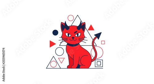 Foto Cute Red Devil Cat with Geometric Shapes, Cartoon Style
