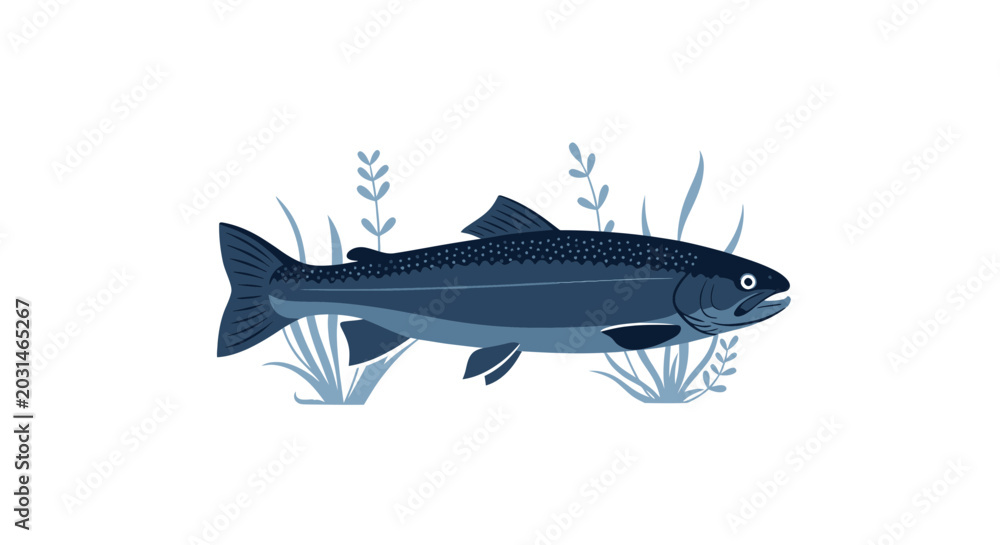 Fototapeta premium Stylized Salmon Fish Swimming Underwater with Aquatic Plants