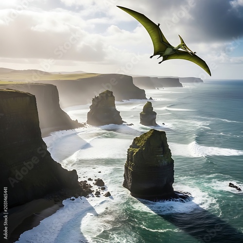 Pterodactyl flying over the Twelve Apostles sea stacks in Australia.