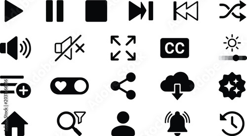 Photos Media player and UI UX interface icons set, video playback elements collection,