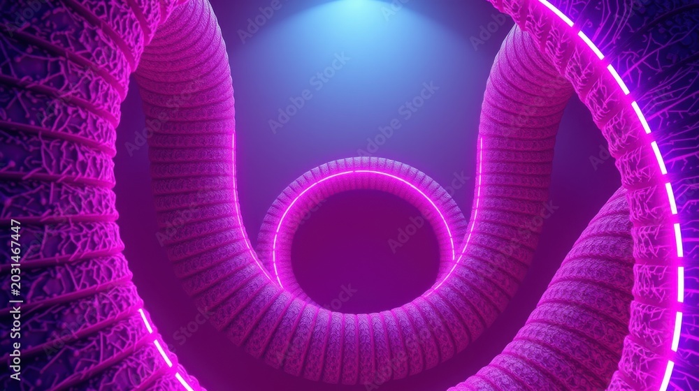 Fototapeta premium Abstract tunnel design. Bright pink neon spirals frame central blue light. Geometric patterns create futuristic aesthetic.