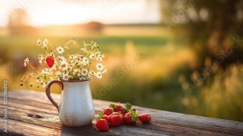 Charming swedish midsummer scene with a ceramic jug, meadow flowers, and fresh strawberries on a rustic wooden table, soft golden sunset light