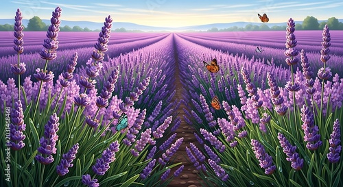 Stunning lavender field landscape with butterflies at sunset.