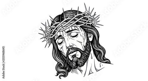 Canvas Print Jesus Christ Face with Crown of Thorns, Religious Sketch Art