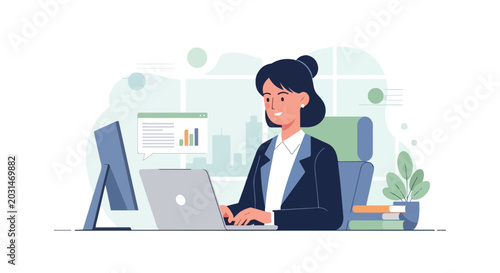 A professional woman works diligently on her laptop at a modern office desk featuring a computer, books, and city views.