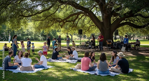 People gathering for a sunny outdoor picnic under large oak tree.