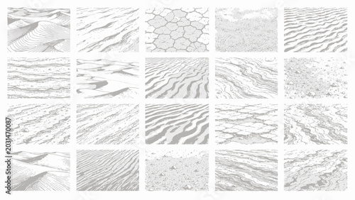 Collection of natural terrain textures featuring sand dunes and cracked earth in monochrome style