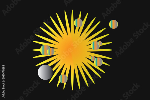 Fotografie Illustration of a solar system with a bright yellow sun and orbiting planets against a black background celestial bodie