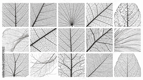 Collection of black and white leaf vein textures and organic plant patterns