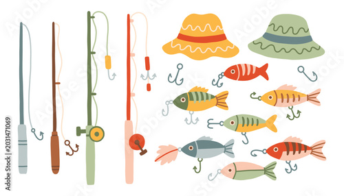 Fotografía Hand drawn fishing equipment set with rod, hook, bait and cute fish