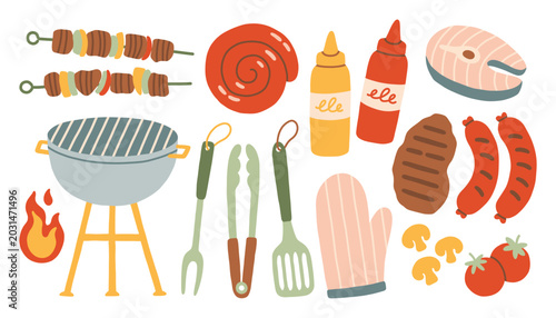 Foto Summer barbecue grill vector illustration set with steak, skewer, sausage and tools
