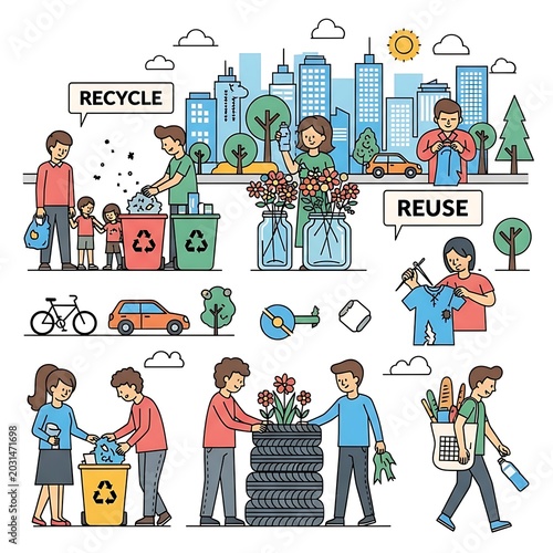 People Engaging in Recycling and Reusing Activities for Sustainable Living.