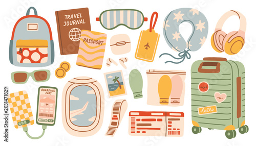 Hand drawn travel sticker set with suitcase, passport, plane window and boarding pass. Cute summer vacation elements for tourism design. Minimalist doodle holiday vector illustration