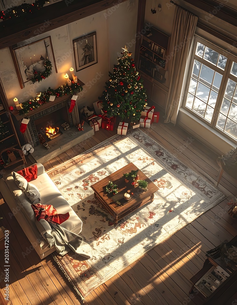 Fototapeta premium A cozy living room with a Christmas tree and sunny windows