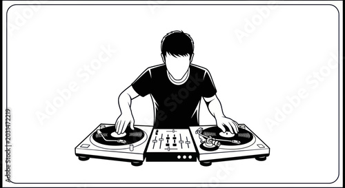 Foto DJ playing music on turntables, mixing console, electronic music, party, nightli