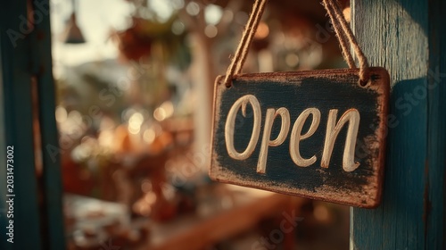 Rustic wooden open sign hanging invitingly at a small shop entrance at golden hour