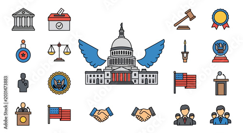 Photos US Government Icons: Capitol Building, Voting, Justice, Constitution, American F