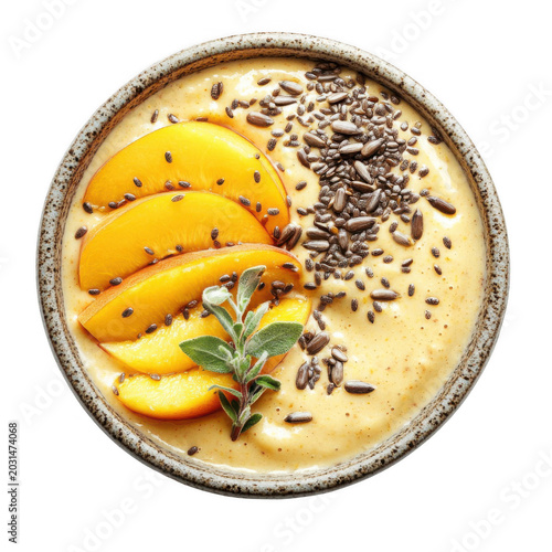 Healthy peach smoothie bowl topped with sliced fresh peaches and healthy chia seeds for breakfast
