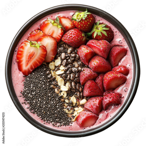Healthy smoothie bowl topped with fresh sliced strawberries chia seeds and grains in round bowl