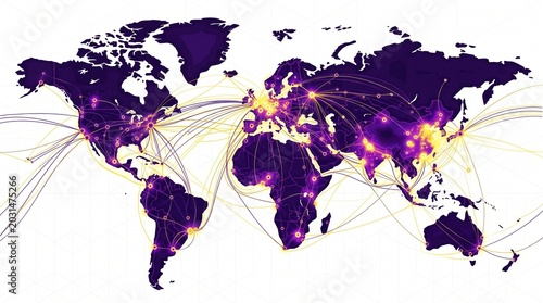 Global network connection map, a digital world map with glowing data points and interconnected lines, illustrating worldwide communication and technology infrastructure