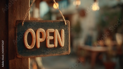 Rustic Open Sign Invites Customers into a Cozy Establishment with Warm Lighting