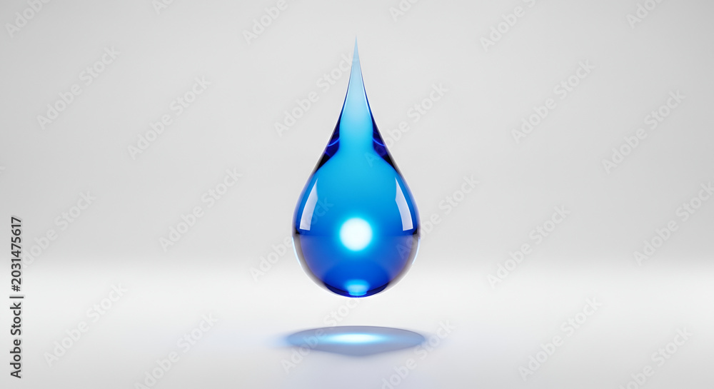 Fototapeta premium Single Blue Water Droplet Suspended in Mid-Air with Light Reflection.