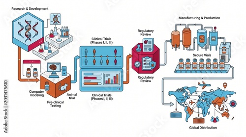 Drug Development Process, pharmaceutical research and manufacturing pipeline, clinical trials and global distribution, medical science infographic illustration