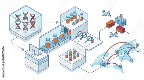 Biotechnology and pharmaceutical production process, a detailed isometric illustration of DNA research, vaccine manufacturing, quality control, and global distribution logistics.