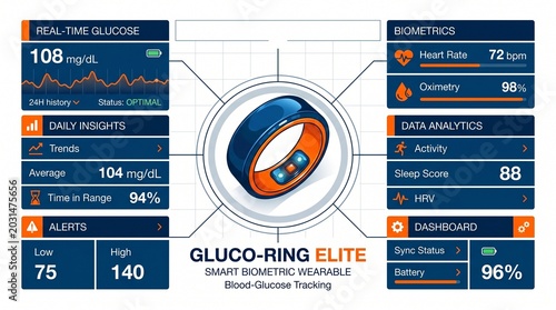 GLUCO-RING ELITE, smart biometric wearable, blood glucose tracking, real-time health data analytics dashboard, digital medical technology illustration