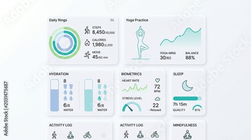 Health and Fitness Dashboard UI, modern data visualization for wellness tracking, digital interface with daily activity, yoga, hydration, biometrics, and sleep metrics