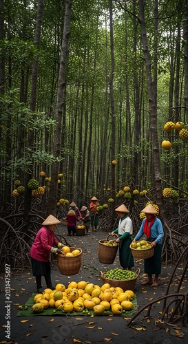 People harvesting lemons in forest.