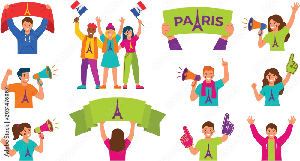 Fototapeta premium Group of colorful Paris sports fans stickers set.