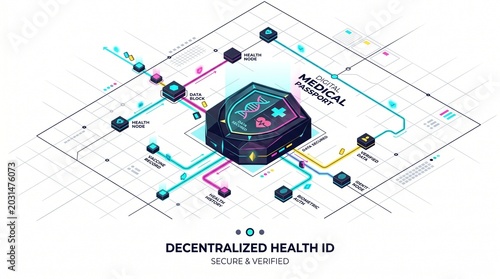 Decentralized Health ID system, secure medical passport, blockchain technology for healthcare data, digital identity verification, isometric illustration.