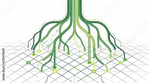 Digital root network illustration, green data connections forming a tree-like structure, abstract technology grid, growth and connectivity concept for business and science.