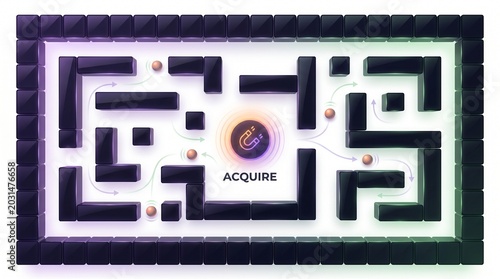 Complex 3D maze illustration, a challenging puzzle game with glowing purple and green light, a strategic path to acquire a central goal, a labyrinth of choices and solutions.