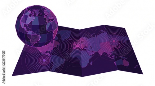 Geometric purple globe and world map illustration. Abstract digital earth sphere with a folded map, global connection, and communication concept.