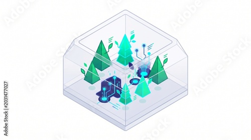 Isometric digital forest illustration, a futuristic technology landscape with glowing data points and abstract trees. Modern tech environment, a conceptual digital ecosystem for innovation and