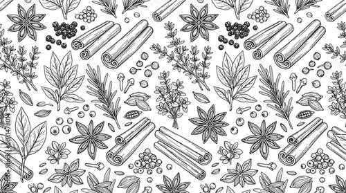 Hand drawn culinary herbs and spices pattern with cinnamon sticks star anise and peppercorns vector illustration