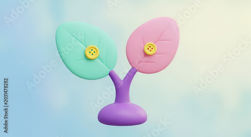 3D Rendered Cute Plant with Two Leaves and Coin.