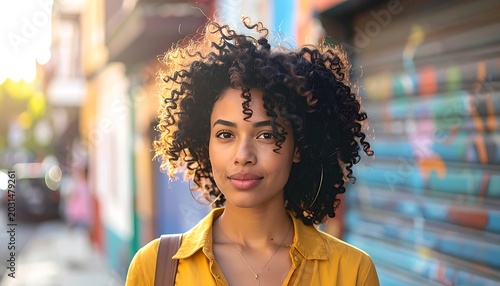 Smiling young woman with curly hair.