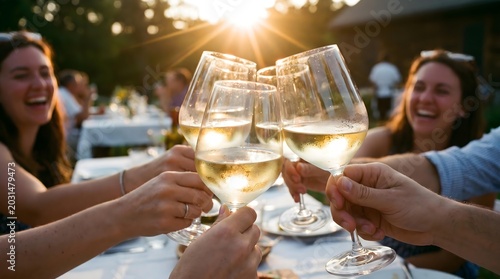 Friends toast with wine glasses at an outdoor sunset al fresco celebration