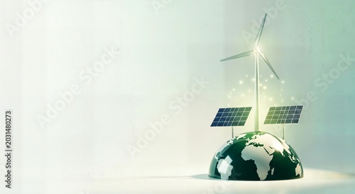 Renewable energy sources powering the globe with solar panels and wind turbine in soft light