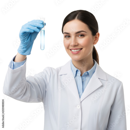 Young caucasian woman in a white lab coat and blue gloves holds a glowing test tube, looking with a confident smile in a clean laboratory, scientific optimism