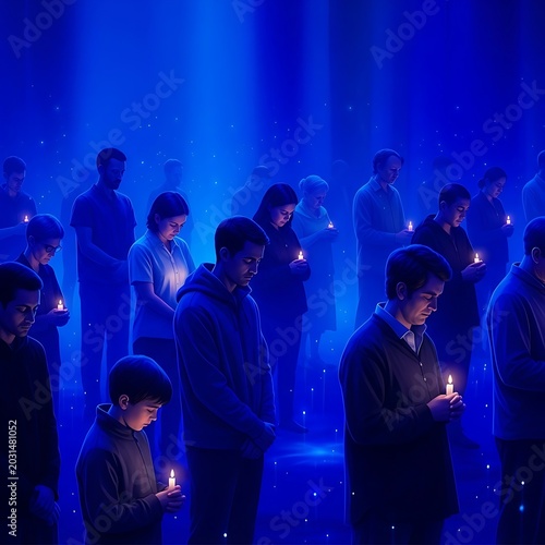 People holding candles in blue light.