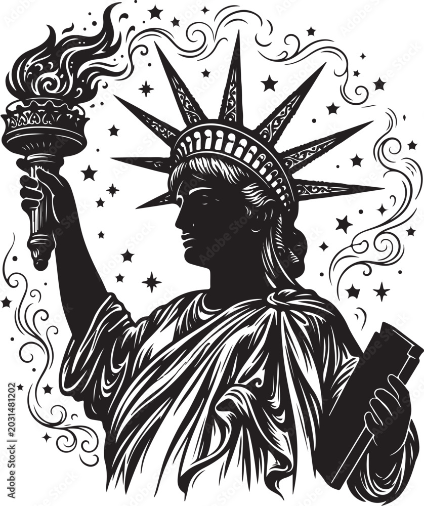 Obraz premium Statue of Liberty Silhouette with Crown and Torch in Line Art Style Illustration,Generative Ai