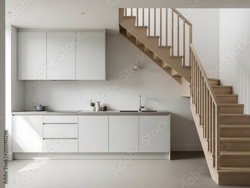 Modern Minimalist White Kitchen Design Under Wooden Staircase