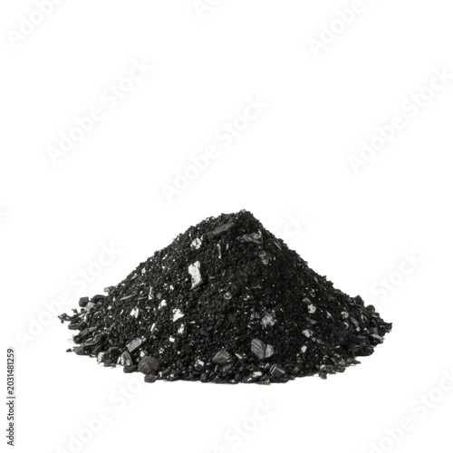 Central mound of pure black graphite powder with fine dust and crystalline flakes, subtle metallic sheen, granular texture, isolated on a transparent studio background, showcasing material purity