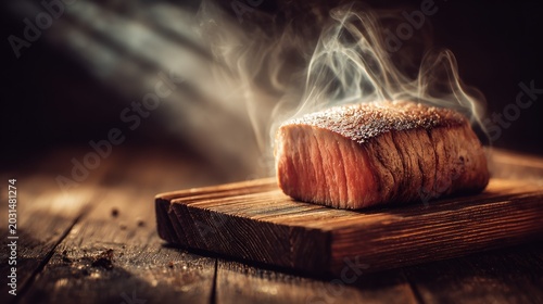 Perfectly seared thick cut of red meat rests upon a rustic wooden board emitting fragrant steam.