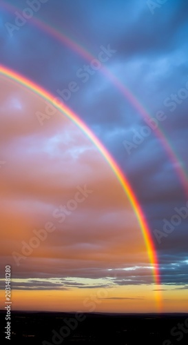 Stunning Double Rainbow Arching Across Dramatic Stormy Sky at Sunset.